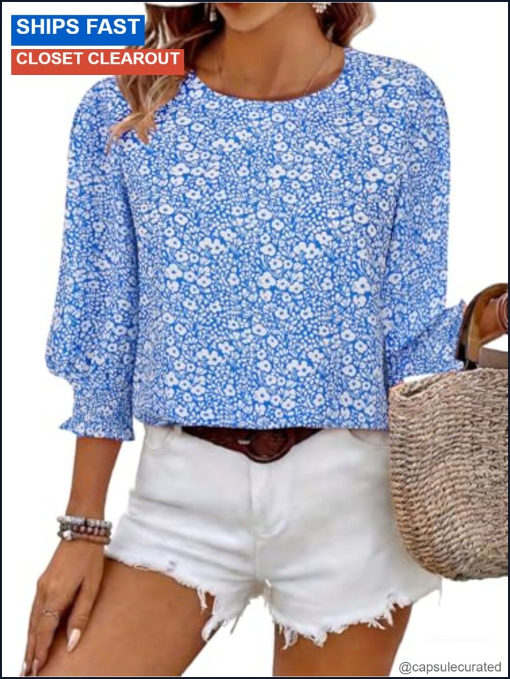 Polyester 3/4 Sleeve Floral Blouse Dressy Casual Smocked Cuff